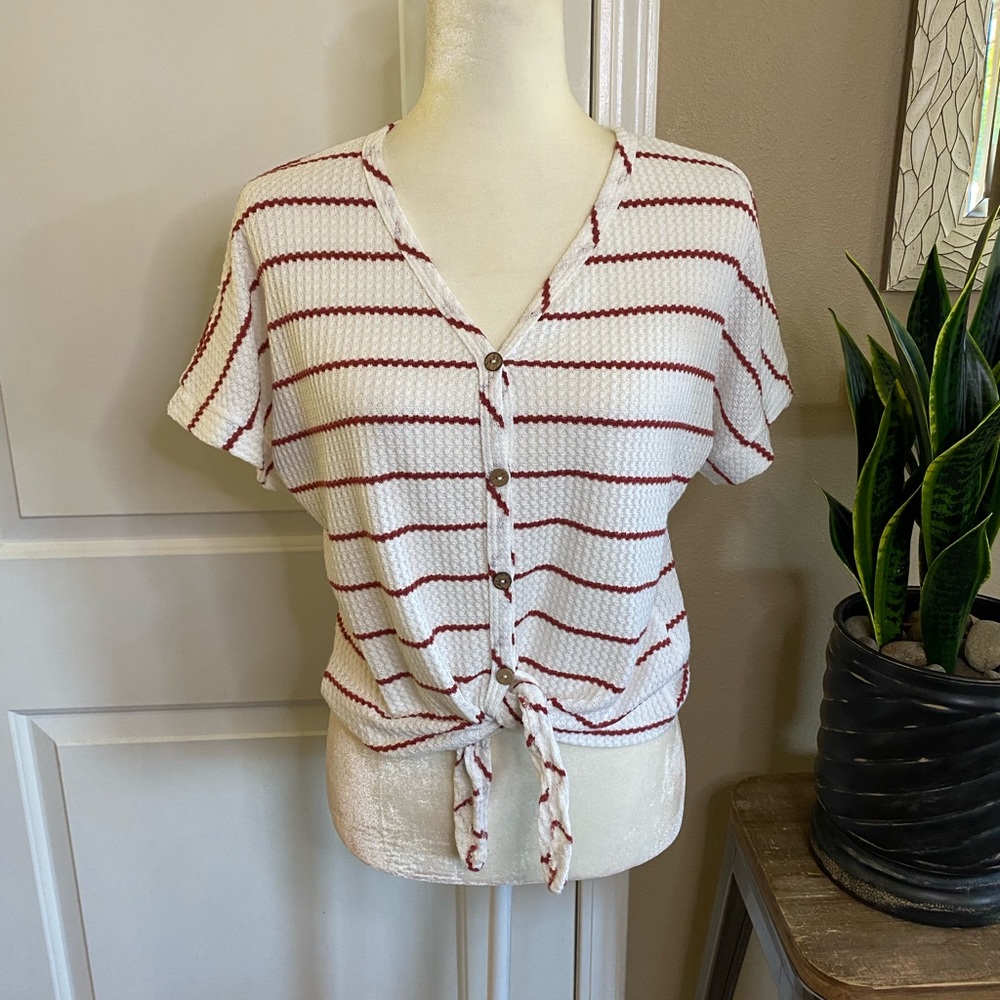 Paper Crane Button Down Front Tie Stripe Shirt